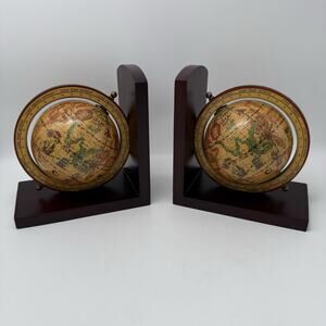 Vintage Style Globe Bookends Old World Map Wood Base Library Office Decor